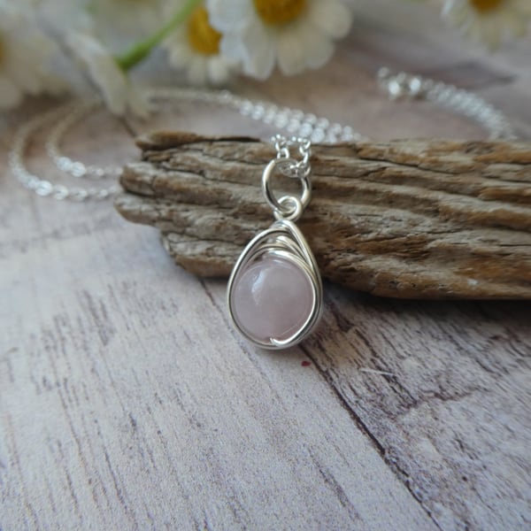 Sterling Silver Rose Quartz Pendant, Blush Pink Gemstone Pendant