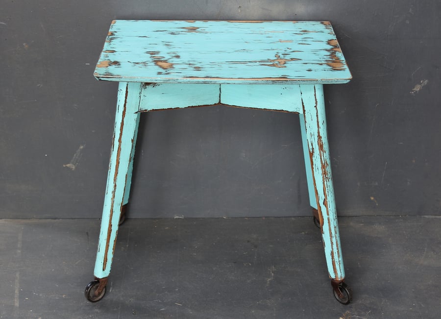 Vintage 1940's 50's side table with wheels,Turquoise distressed painted Table 