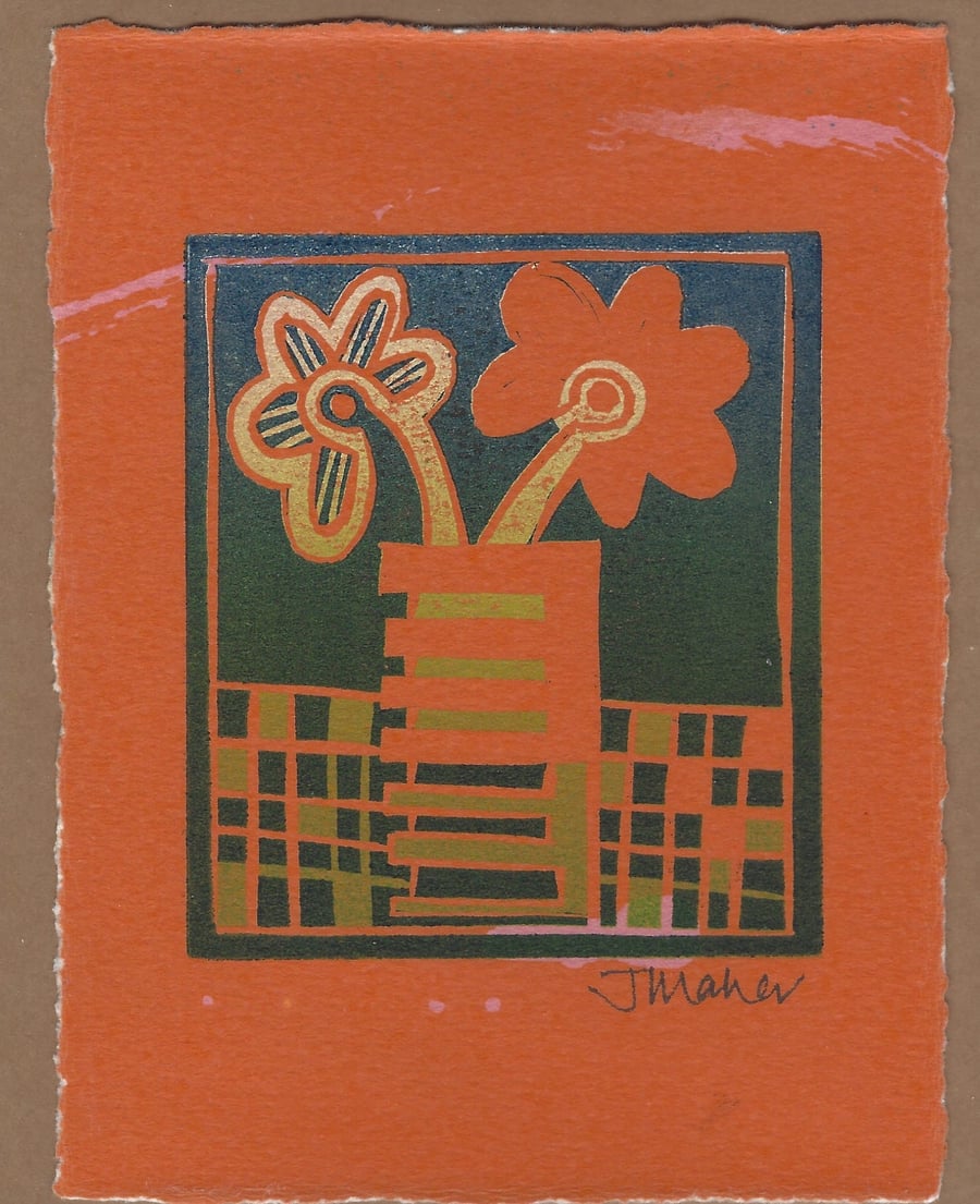 Flowers in vase lino print no 9