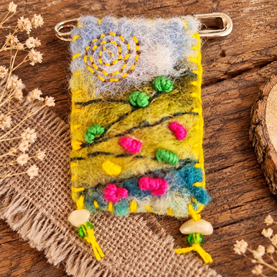 Needle felted & hand embroidered landscape safety pin brooch.(No.3)