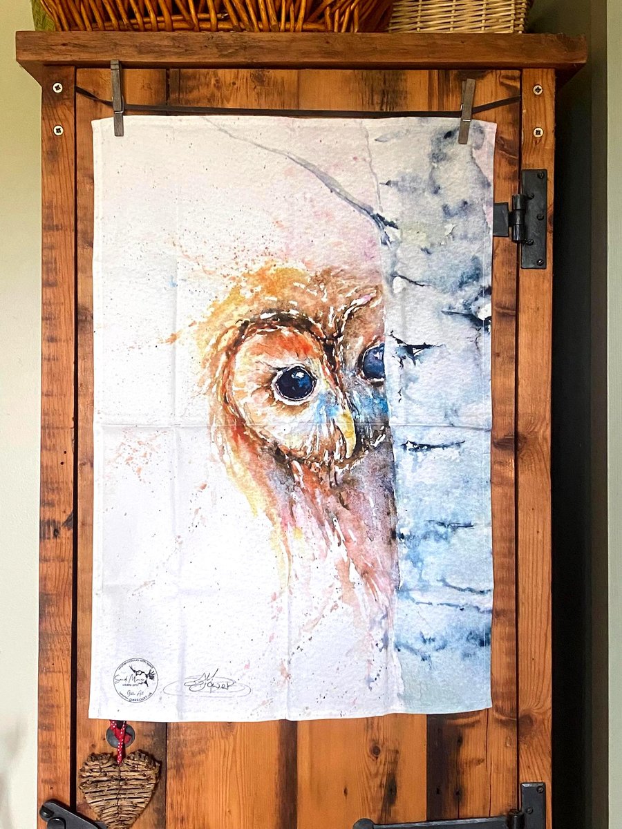 Tawny Owl Tea Towel, Wildlife Art Tea Towel, 100% Cotton, Homeware, Textiles,Wat