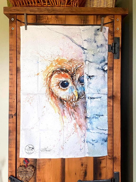 Tawny Owl Tea Towel, Wildlife Art Tea Towel, 100% Cotton, Homeware, Textiles,Wat