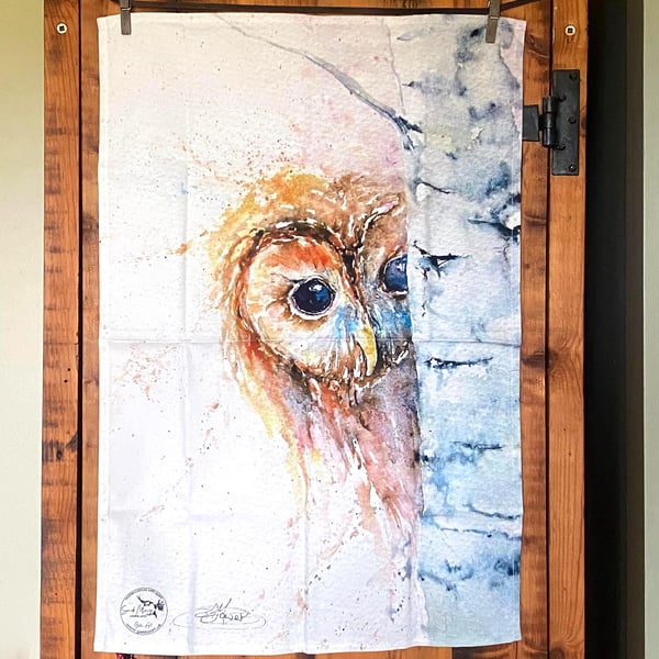 Tawny Owl Tea Towel, Wildlife Art Tea Towel, 100% Cotton, Homeware, Textiles,Wat