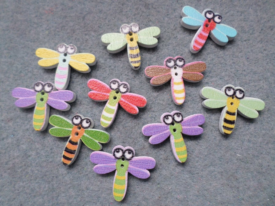 10 x 2-Hole Printed Wooden Buttons - 25mm - Dragonfly - Mixed Colour 