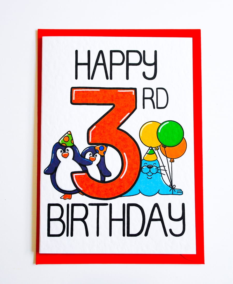Happy 3rd Birthday card, cute animal Birthday Card for 3 year old Boy or Girl 