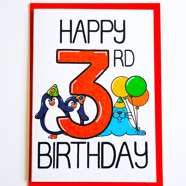 Happy 3rd Birthday card, Cute Animal Third Birthday for 3 Year Old Boy or Girl 