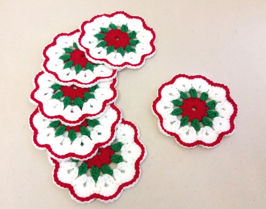 Christmas flower coasters in white, red and green, set of six, handmade