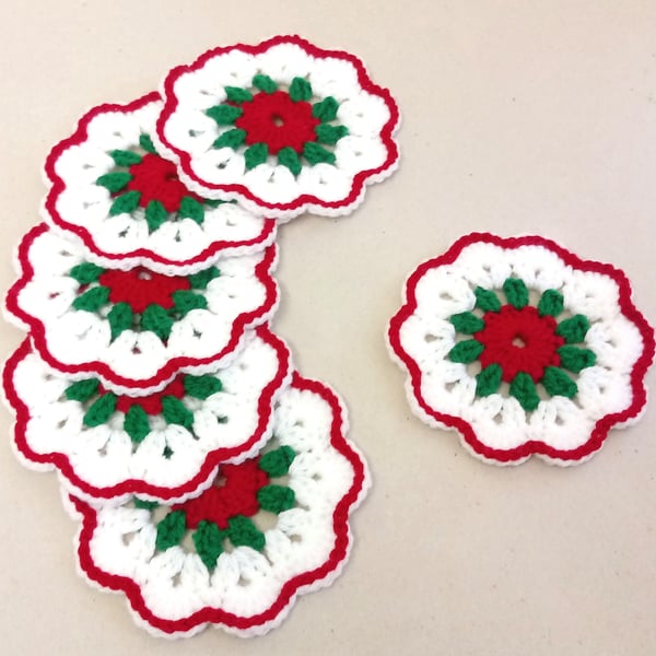 Christmas flower coasters in white, red and green, set of six, handmade