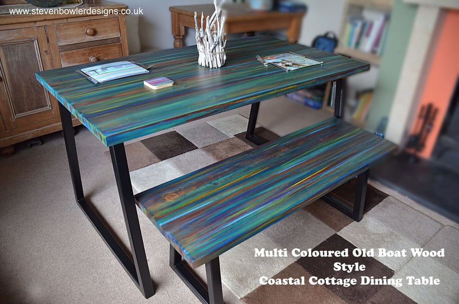 Ocean Sunset Coastal Cottage Old Boat Wood Style Dining Table Set 140 cm L x 80 
