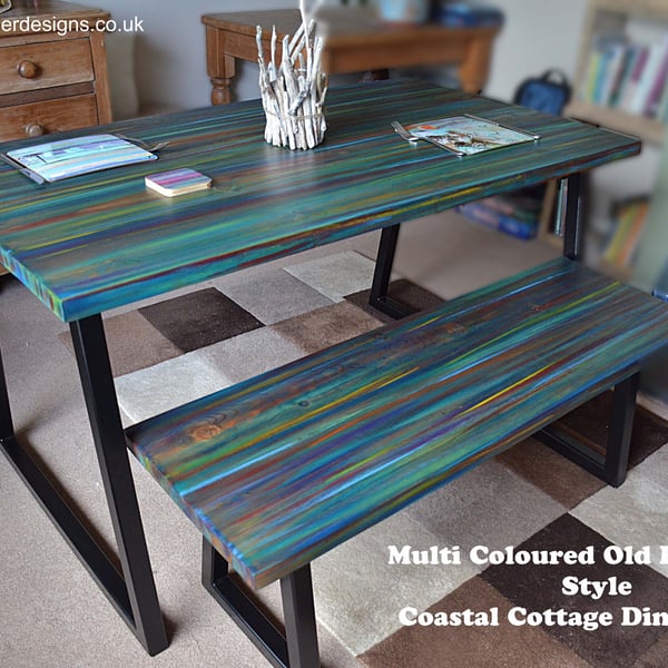 Ocean Sunset Coastal Cottage Old Boat Wood Style Dining Table Set 140 cm L x 80 