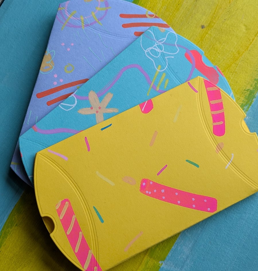 Set of 3 colourful, handmade, one-off pillow gift boxes 