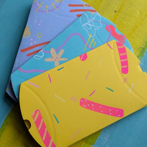 Set of 3 colourful, handmade, one-off pillow gift boxes 