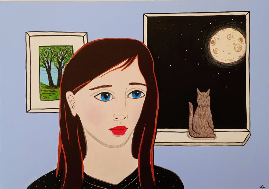 Moon Cat - Original Acrylic Painting on Artboard