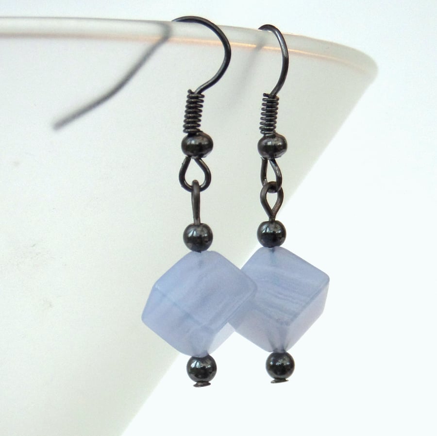 Blue lace agate cube earrings, great birthday gift