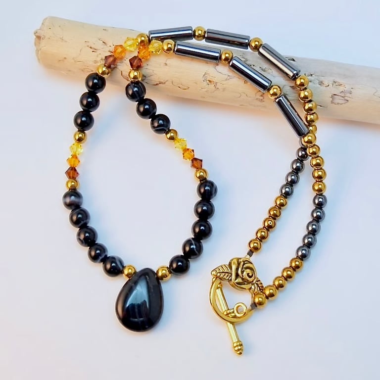 Black Onyx, Hematite & Crystal Necklace, Onyx Teardrop Pendant, Gifts For Her