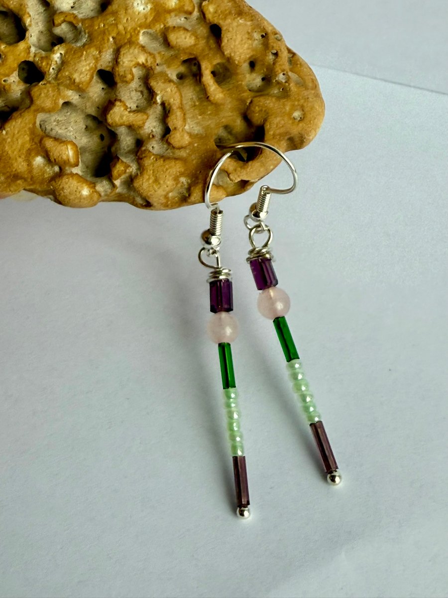 Rose Pink Quartz, Glass and seed bead Dangle Earrings