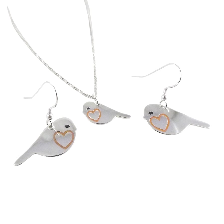 Robin jewellery set - small pendant and drop earrings (sterling silver)