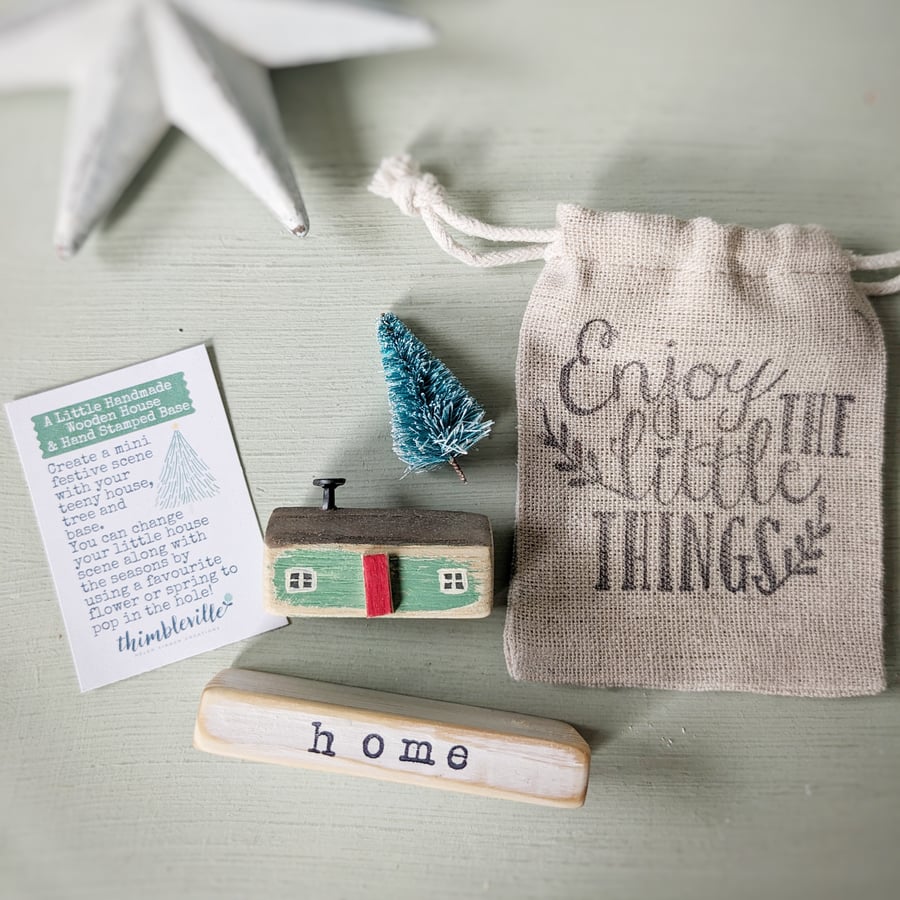 Little Wooden Handmade House in a Bag with Christmas Tree Home