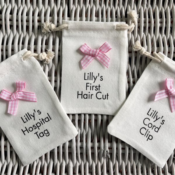 Personalised Baby Keepsake Bags Set, Hospital Tag, Hair Cut, Cord Clip