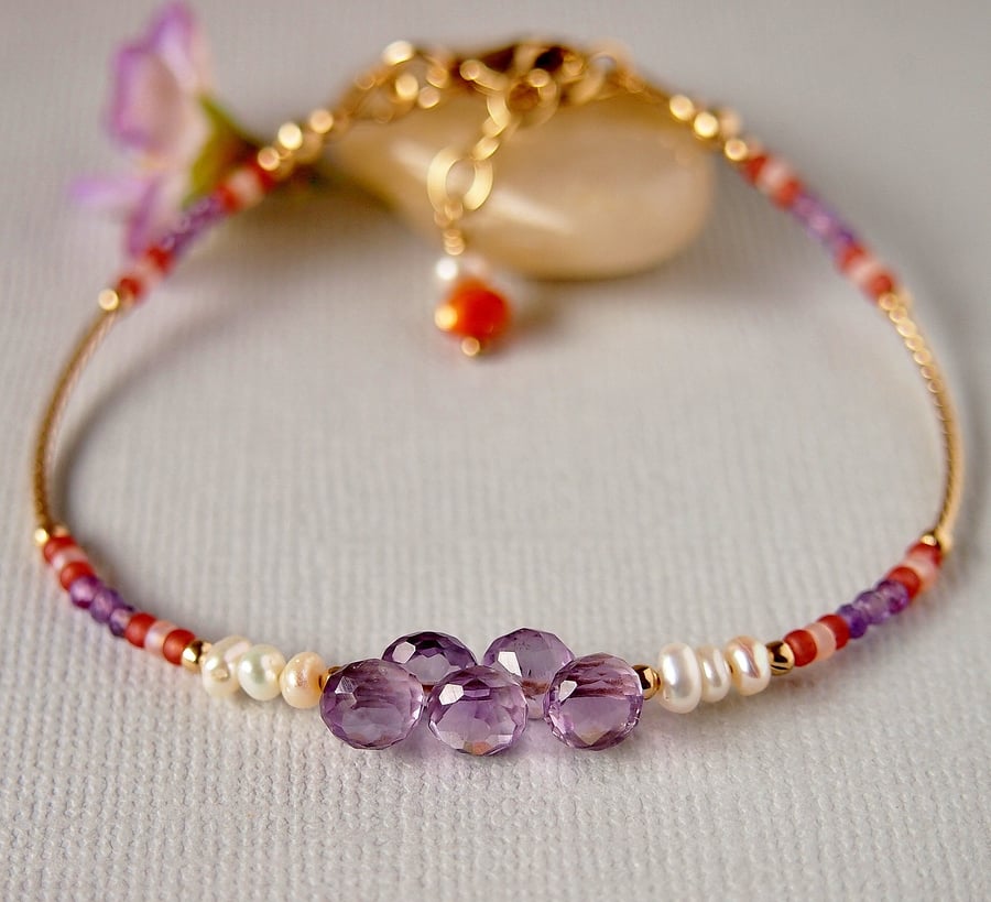 Amethyst Gemstone Bracelet- Gold Filled - Minimalist - Layering