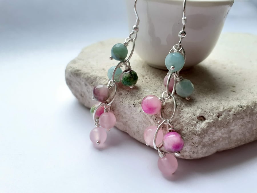 Amazonite, Jade and Rose Quartz Waterfall Earrings with Sterling Silver