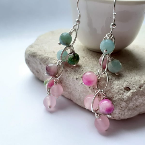 Amazonite, Jade and Rose Quartz Waterfall Earrings with Sterling Silver