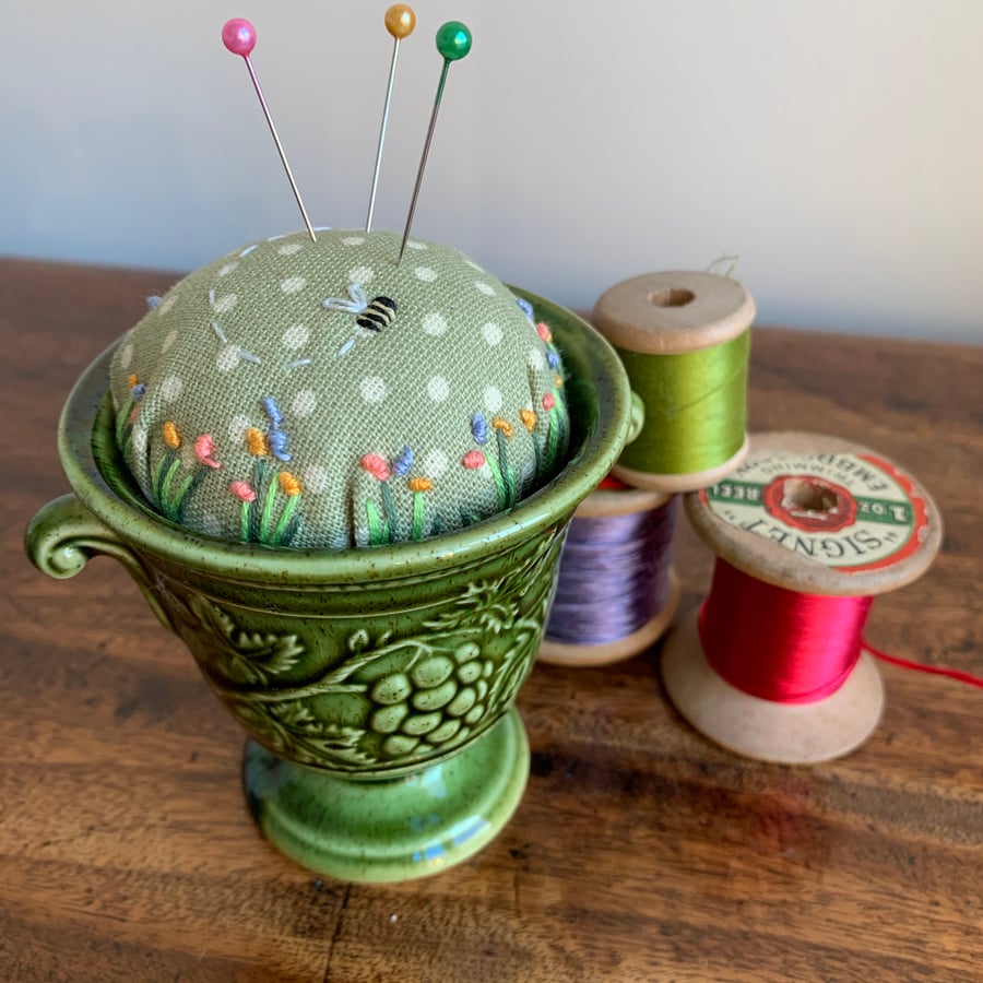 Holkham Pottery Urn embroidered pincushion