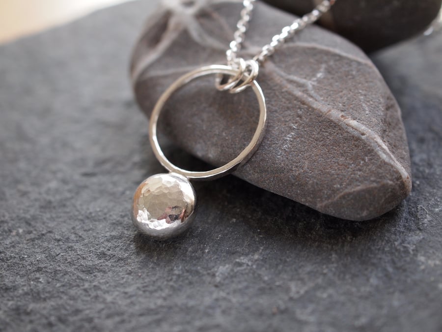 Sterling Silver Pebble Ring Pendant, Hammered Silver,  Recycled, Eco-friendly