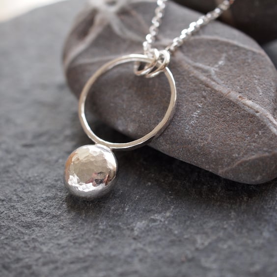 Sterling Silver Pebble Ring Pendant, Hammered Silver,  Recycled, Eco-friendly