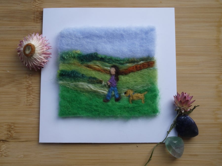 Handmade needle felted Walkies greetings card