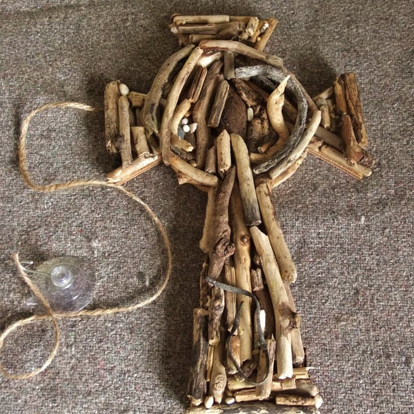Driftwood Celtic Cross wallhanging decoration made from Cornish driftwood