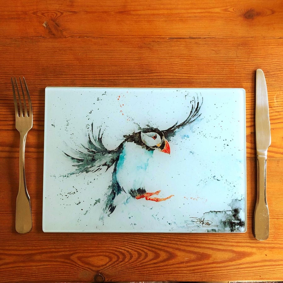 Puffin Glass Placemat, Wildlife Design Table Mat, Glass Trivet, Hot Plate, Water