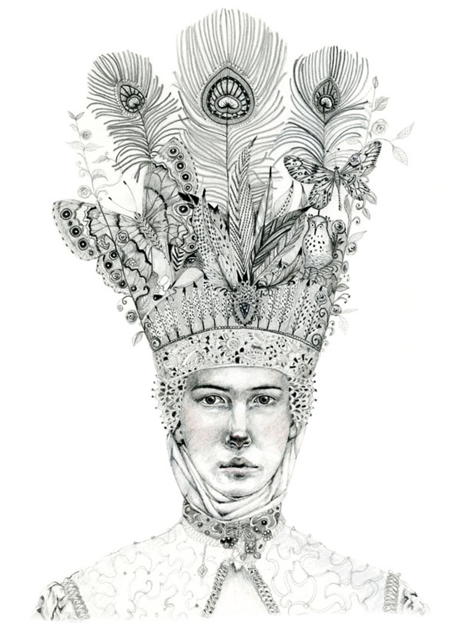 Woman in Bird, butterfly and feather head dress. Original pencil drawing
