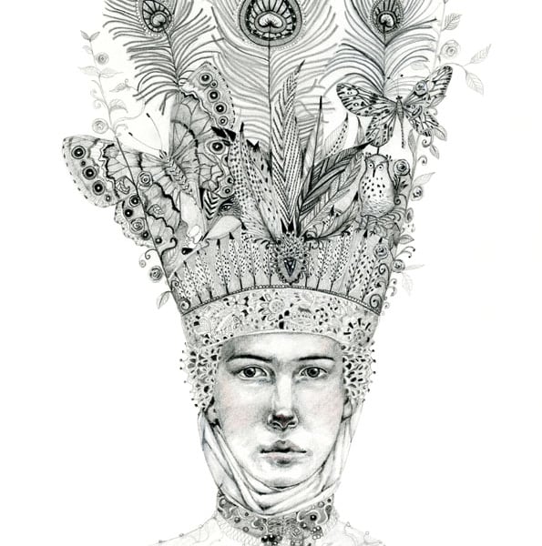 Woman in Bird, butterfly and feather head dress. Original pencil drawing