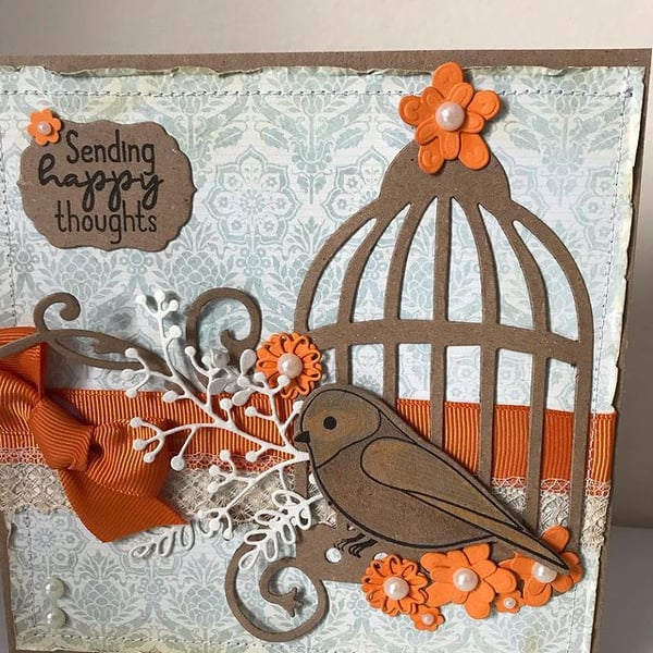 Birdcage Card - Bird on a cage with flowers, blank for your own message