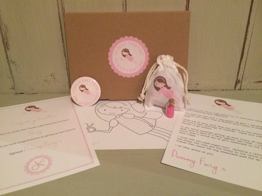Pink Dummy Fairy kit with bag, personalised certificate, 55mm badge & fairy dust