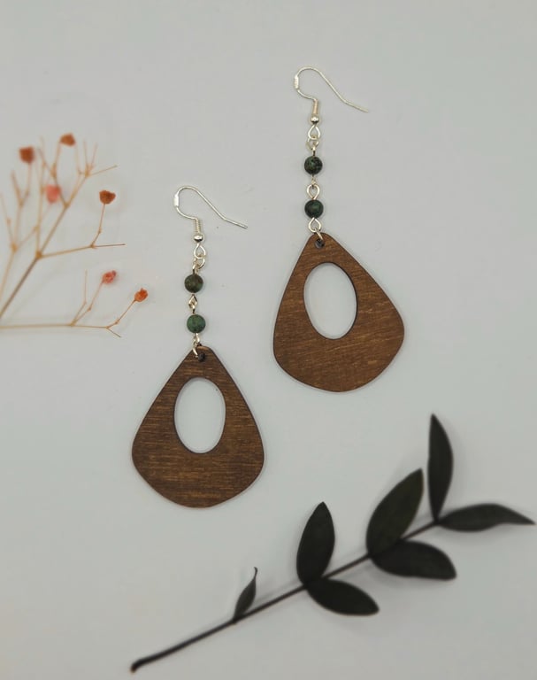 Natural Large Wood Dangle Earrings with African Turquoise Beads, Sterling Silver