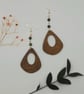 Natural Large Wood Dangle Earrings with African Turquoise Beads, Sterling Silver