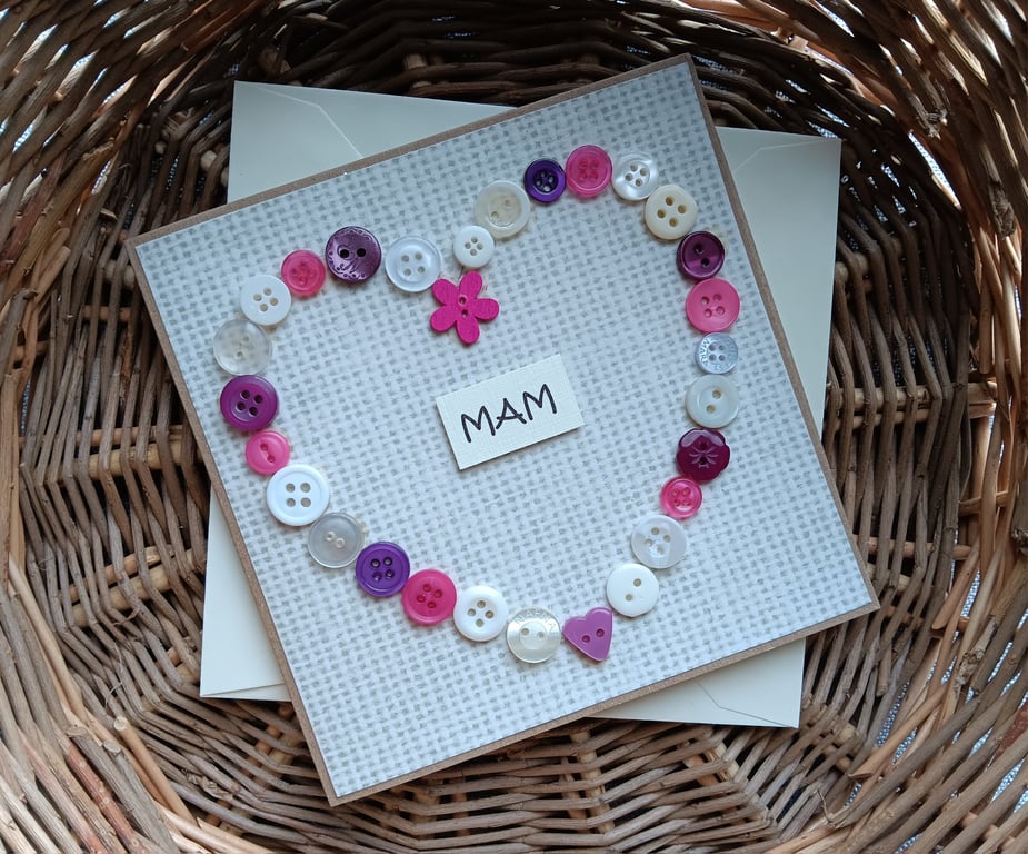 Welsh Mum Card "MAM" with Button Heart Size 5"x 5" 