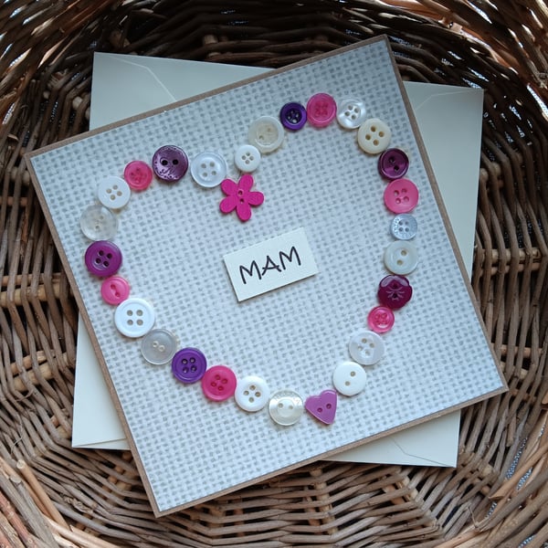 Welsh Mum Card "MAM" with Button Heart Size 5"x 5" 