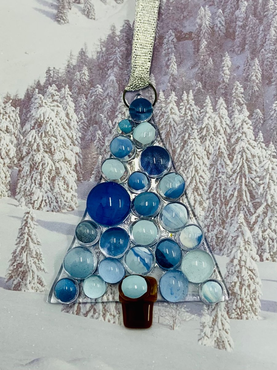 Handmade Fused Glass Xmas Tree Hanging Christmas Decoration 