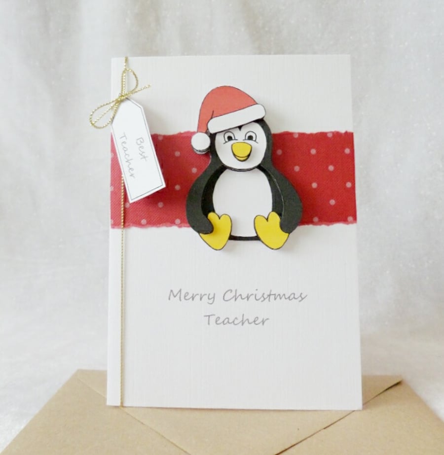 Christmas Teacher Card Penguin with Santa hat