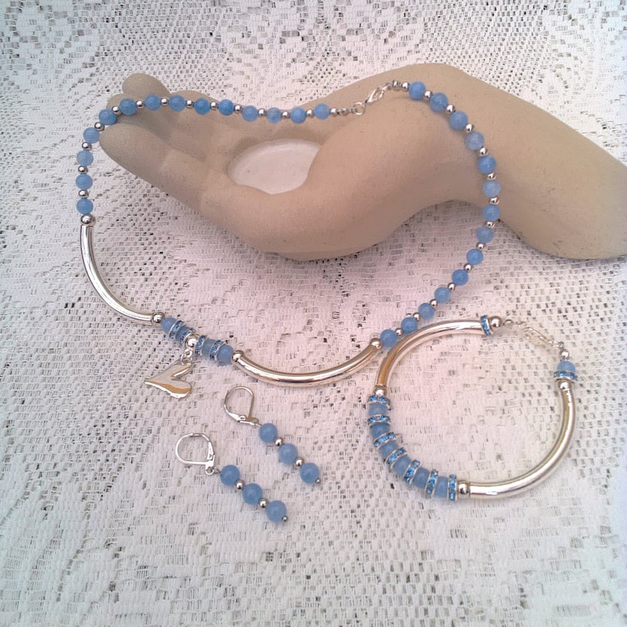 Jewellery Set with Silver Tubes and Pale Blue Aquamarine and Silver Beads