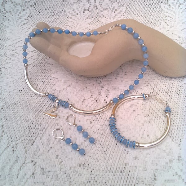 Jewellery Set with Silver Tubes and Pale Blue Aquamarine and Silver Beads