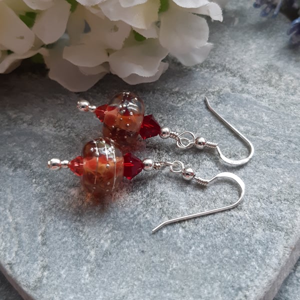 Sterling Silver Handmade Tones Of Red Lampwork Glass and Crystal Earrings