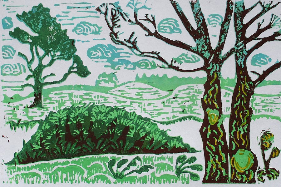 Sutton Hoo Suffolk Original Hand Pressed Linocut Print with Coloured Pencil