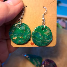 Beautiful pair of green, gold and white polymer clay earrings
