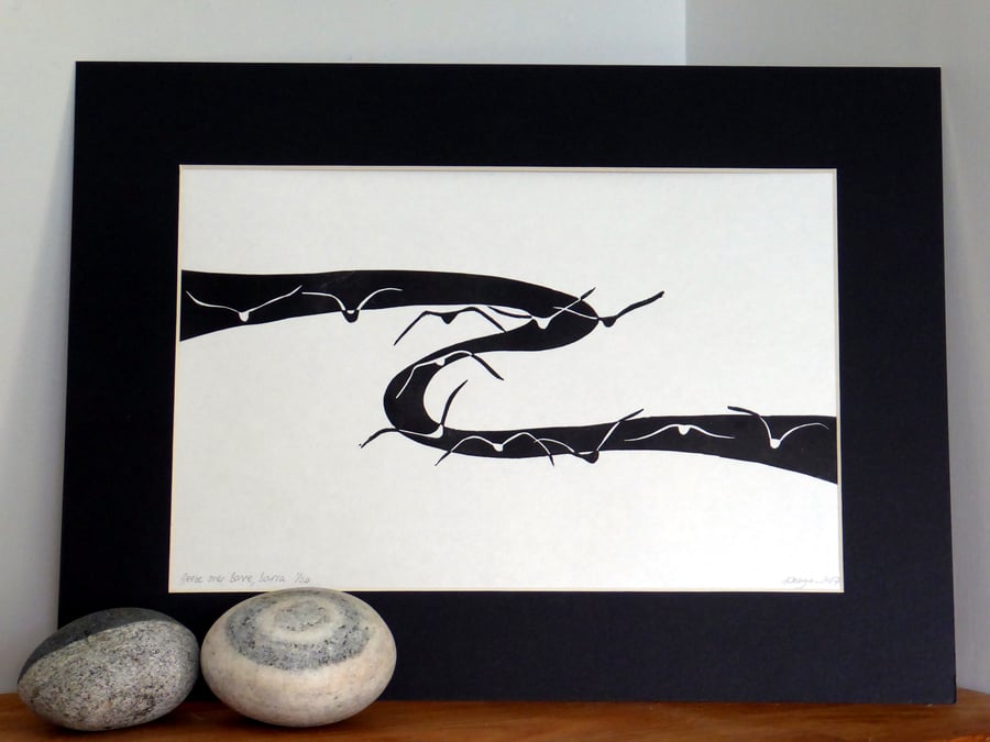 Original lino cut print Geese over Borve