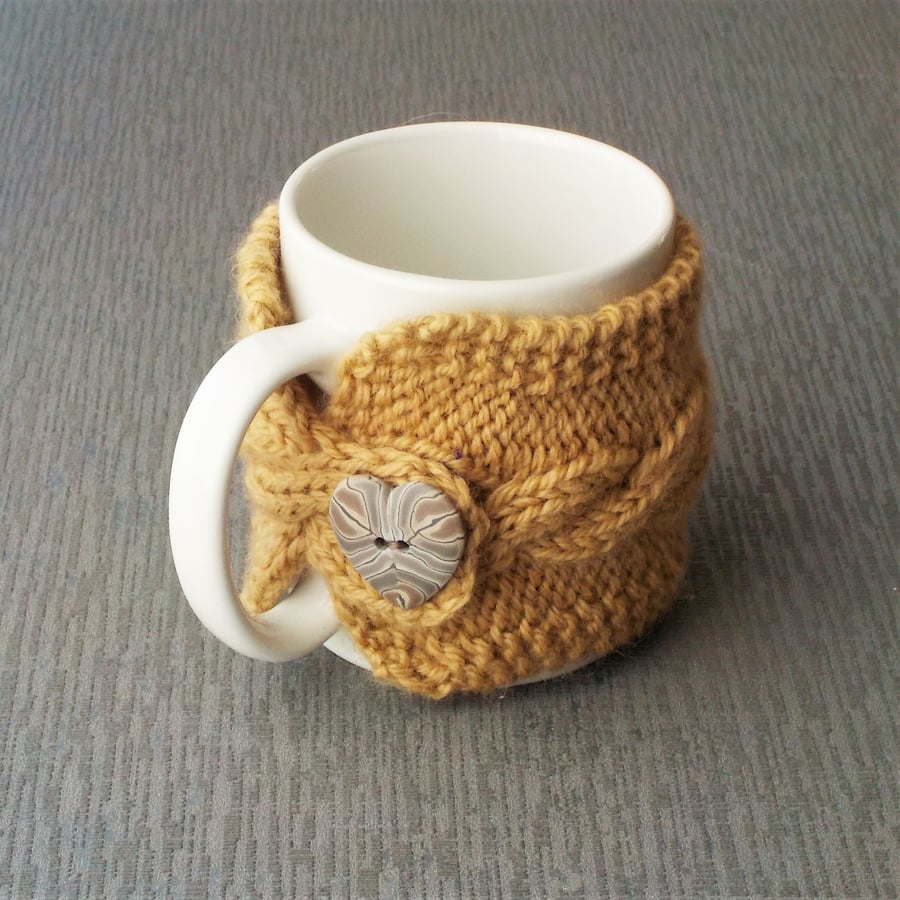 Handknit wool mug cosy with heart button fawn British wool gift for mum