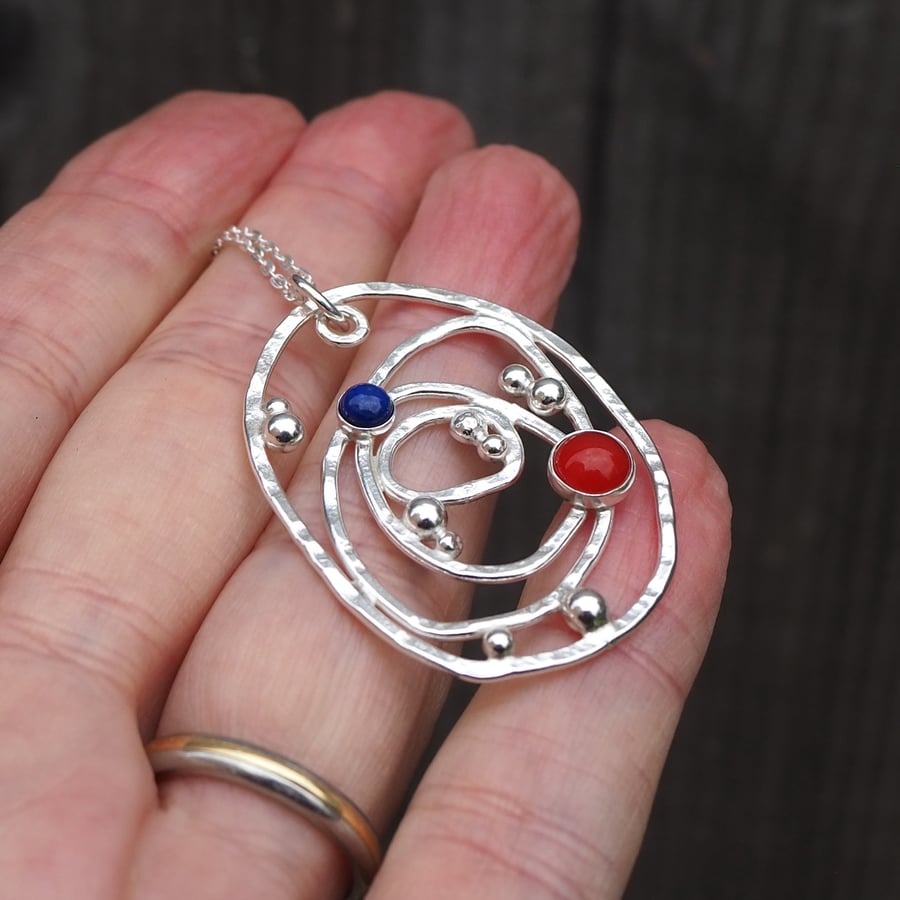 Silver Necklace Pendant, silver pendant with carnelian and lapis lazuli